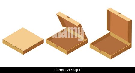 Pizza isometric open, closed cardboard boxes set, delivery. Package template, flat design. Vector Stock Vector