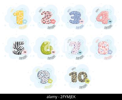Happy birthday greeting cards set with cute animal skin patterns design. Stock Vector