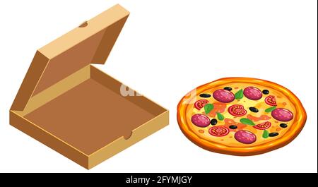 Pizza and box cardboard package open, isometric. Package template, delivery, flat design. Vector Stock Vector