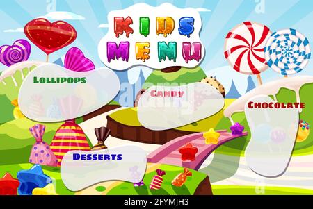 Kids Menu, Candy World, sweet different bonbon, lollipops,chocolate, jelly. Template menu for caffe, cafeteris, vector illustration, cartoon style Stock Vector