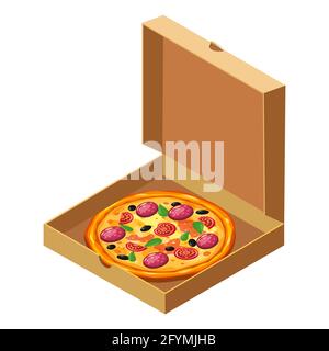 Pizza isometric in open cardboard box. Package template, delivery, flat design. Vector Stock Vector