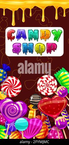 Candy Shop, sweet different bonbon, lollipops,chocolate, jelly. Template menu for caffe, cafeteris, vector illustration, cartoon style Stock Vector
