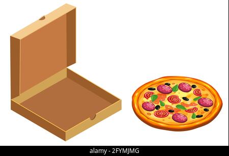 Pizza and box cardboard package open, isometric. Package template, delivery, flat design. Vector Stock Vector
