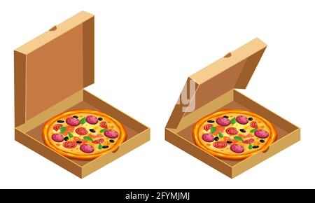 Pizza isometric in open cardboard boxes. Package template, delivery, flat design. Vector Stock Vector