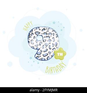 Happy 9th birthday greeting card with cute animal skin pattern design. Stock Vector