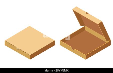 Pizza isometric open, closed cardboard boxes set, delivery. Package template, flat design. Vector Stock Vector