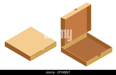 Pizza isometric open, closed cardboard boxes set, delivery. Package template, flat design. Vector Stock Vector