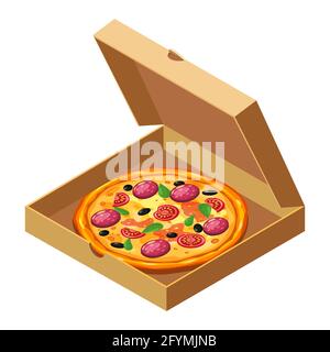 Pizza isometric in open cardboard box. Package template, delivery, flat design. Vector Stock Vector