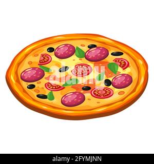 Pizza isometric with ingredients tomato, salami, cheese, mushrooms. Vector illustration Stock Vector