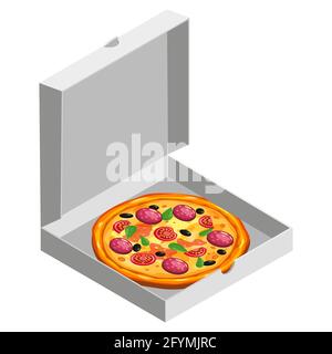 Pizza isometric in open white cardboard box. Package template, delivery, flat design. Vector Stock Vector