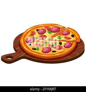 Pizza isometric with ingredients tomato, salami, cheese, mushrooms on woodern serving tray. Vector illustration Stock Vector