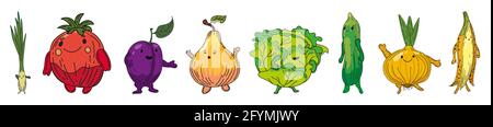 Vegetables set hand drawn scetch characters cartoon. Collection leek, onion, plum, pear cabbage, cucmber, onion, banana Stock Vector
