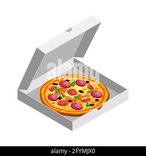 Pizza isometric in open white cardboard box. Package template, delivery, flat design. Vector Stock Vector