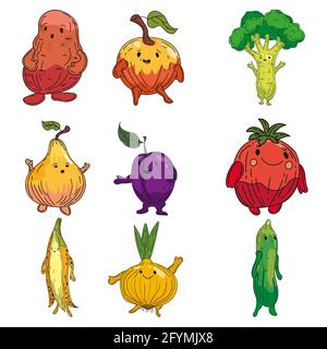 Vegetables set hand drawn scetch characters cartoon. Collection potato, onion, plum, pear, cucmber, onion, banana Stock Vector