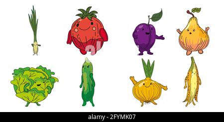 Vegetables set hand drawn scetch characters cartoon. Collection leek, onion, plum, pear cabbage, cucmber, onion, banana Stock Vector