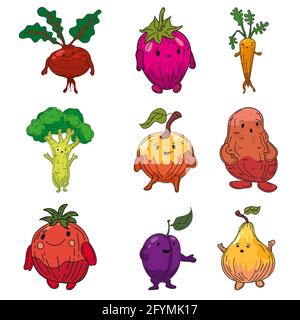Vegetables set hand drawn scetch characters cartoon. Collection beet root, strawberry, carrot, broccoli, apple, potato, tomato, onion, plum, pear Stock Vector