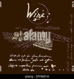 Wine products and vineyard hand drawn scetch, vintage style unreadable text. Vector illustration black background Stock Vector
