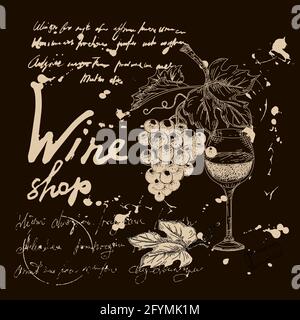 Collection Wine products and vineyard hand drawn scetch. Grapes, glass, vintage style unreadable text. Vector illustration black background Stock Vector