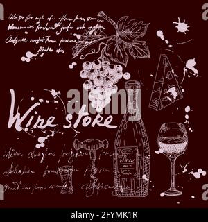 Collection Wine store products and vineyard hand drawn scetch. Grapes, bottles, chees, glass, corkscrew vintage style unreadable text. Vector Stock Vector