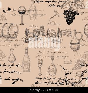 Seamless pattern Wine grape branche, bottles, glasses, vineyard, unreadable text, wooden barrel, chees, corkscrew. Doodle sketch hand drawing. Vector Stock Vector