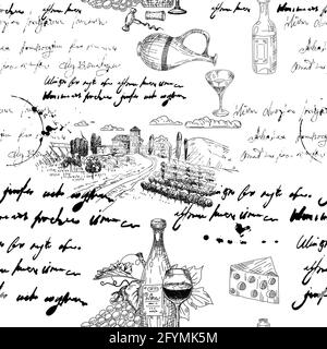 Seamless pattern Wine grape branche, bottles, glasses, vineyard, unreadable text, wooden barrel, chees, corkscrew. Doodle sketch hand drawing. Vector Stock Vector