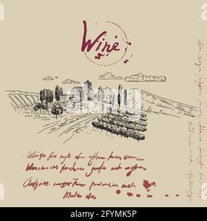Vineyard landscape hand drawn scetch. Grapes vintage style, unreadable text. Vector illustration Stock Vector