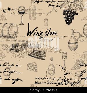 Seamless pattern Wine grape branche, bottles, glasses, vineyard, unreadable text, wooden barrel, chees, corkscrew. Doodle sketch hand drawing. Vector Stock Vector