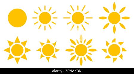 Set of sun icons. Sunlight, rays. Vector illustration isolated on white background Stock Vector