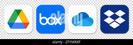 Vinnytsia, Ukraine - May 28, 2021: Best cloud storage services for 2021. Google Drive, OneDrive, Dropbox, Box logo. Editorial vector isolated on trans Stock Vector