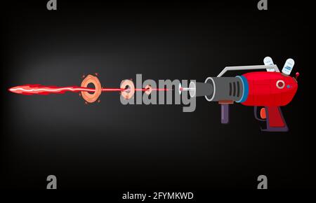 Blaster, laser, gan game, shot ray and flash, vector illustration, cartoon silhouette, red, blue, dark, for games, apps, concept for design Stock Vector