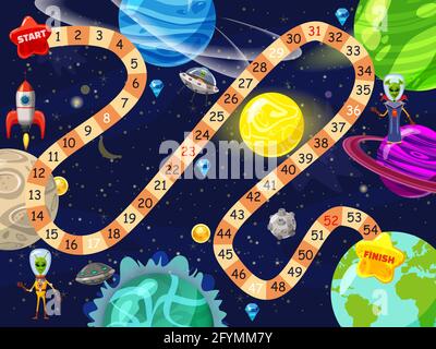 Space board game vector illustration. Rockets UFO and Aliens in space board game strategy kid cartoon design template or racing tabletop game with Stock Vector