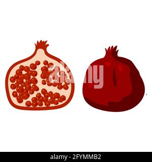 Pomegranate whole and half cut, natural healthy organic nutrition product, garnet. Vector doodle cartoon flat trendy illustration hand drawn isolated Stock Vector