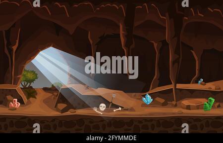Treasure cave with crystals. Concept, art for computer game. Background image to use games, apps, banners, graphics. Vector cartoon illustration Stock Vector