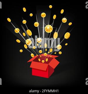 Open Red Gift Box and Coins. Christmas and other Holidays, Present, Win Background. Vector Illustration. Cartoon style Stock Vector