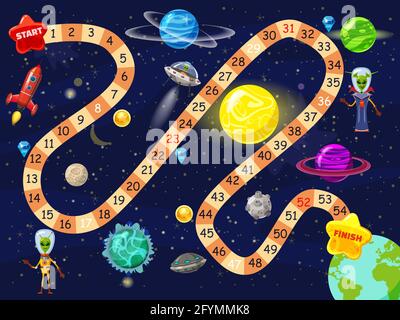 Space board game vector illustration. Rockets UFO and Aliens in space board game strategy kid cartoon design template or racing tabletop game with Stock Vector