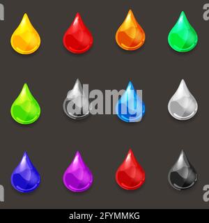 Set of drops of various colors of liquid, vector, cartoon style, illustration, isolated Stock Vector