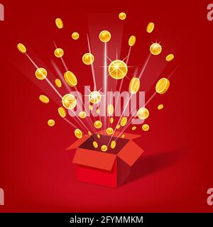 Open Red Gift Box and Coins. Christmas and other Holidays, Present, Win Background. Vector Illustration. Cartoon style Stock Vector