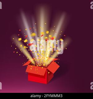 Open Red Gift Box and Colour Confetti. Bright Rays. Vector Illustration. Isolated, Template Baner, Poster Stock Vector