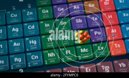 Magnesium atom in front of periodic table, illustration Stock Photo