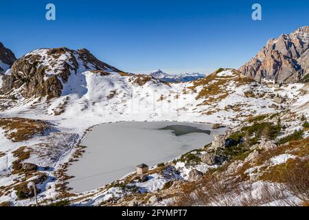 Valparola pass, Italy - October 27, 2014: Valparola at 2168m el. is a high mountain pass in the Dolomites in the province of Belluno in Italy Stock Photo