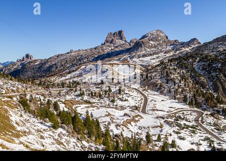 Valparola pass, Italy - October 27, 2014: Valparola at 2168m el. is a high mountain pass in the Dolomites in the province of Belluno in Italy. A view Stock Photo