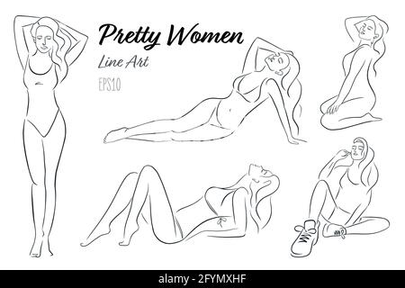 One Line art isolated vector illustrations set. Hand Drawn sketches of females for logo, emblem, template, web, prints, cosmetics, spa, beauty care products Stock Vector
