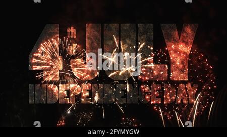 The text with grunge texture - 4 th of july Independence Day - on colorful holiday fireworks background. Stock Photo