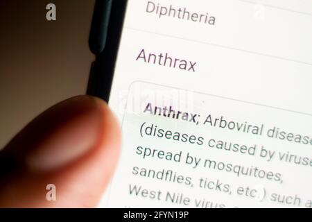 anthrax News on the phone.Mobile phone in hands. selective focus and chromatic aberration effects. Stock Photo