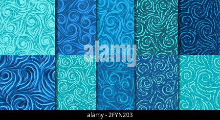 Set of 10 seamless vector patterns of spirals, waves and corners.Abstract seamless texture of curls and flowing lines and shapes.A collection of Stock Vector