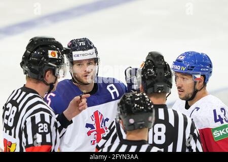 29.05.2021, Riga, Olympic Sports Centre, Czech Republic vs Great Britain (2021 IIHF Ice Hockey World Championship), #75 Robert Dowd (Great Britain) and #43 Jan Kovar (Czech Republic) talking with the referee (Switzerland/Croatia OUT) Stock Photo