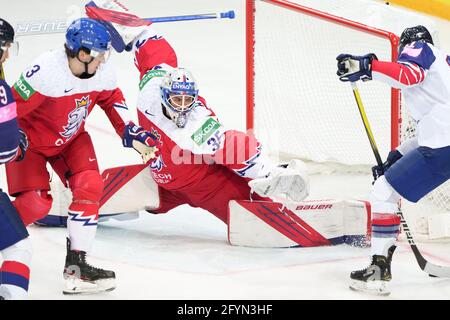 Riga, Olympic Sports Centre, Latvia. 29th May, 2021. Czech Republic vs Great Britain (2021 IIHF Ice Hockey World Championship), goalkeeper Roman Will (Czech Republic) has some work (Switzerland/Croatia OUT) Credit: SPP Sport Press Photo. /Alamy Live News Stock Photo