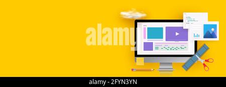 Workplace of sound and video editor interface software application on computer monitor. recording and editing process with wave digital display and Stock Vector