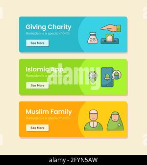giving charity islamic app muslim family for banner template with dashed line style vector design illustration Stock Photo