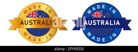 Made in Australia label stamp for product manufactured by Australian company seal golden ribbon and flag Stock Vector